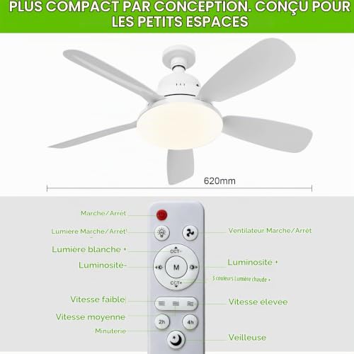 Thumbnail 6 de joyshie Ventilateur de Plafond avec Lumière et Télécommande, 62 cm – LED dimmable 3 couleurs, 3 vitesses, minuterie, douille E27