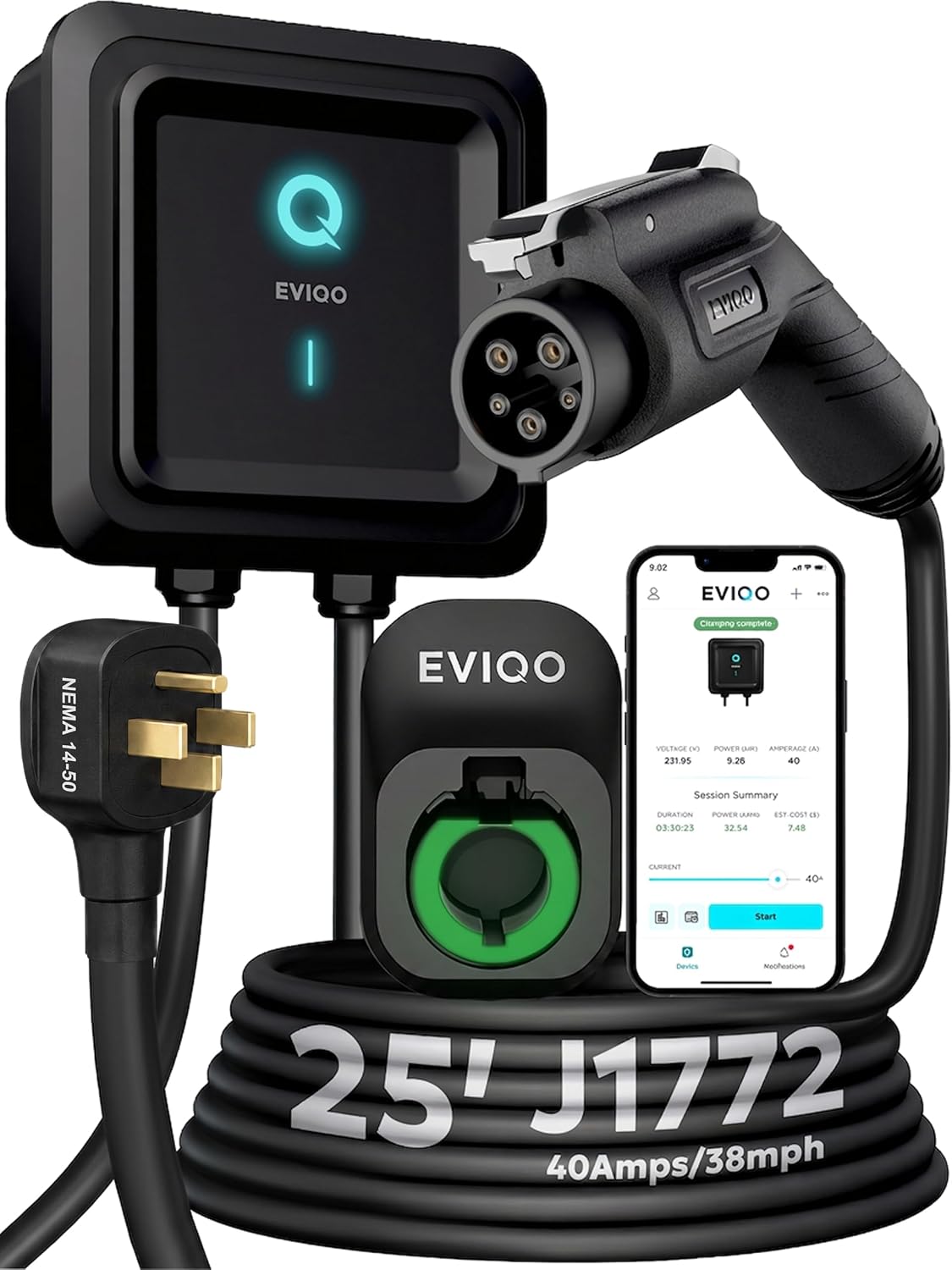 Detalle de EVIQO Level 2 EV Charger 40A, 25 ft cable 🔌