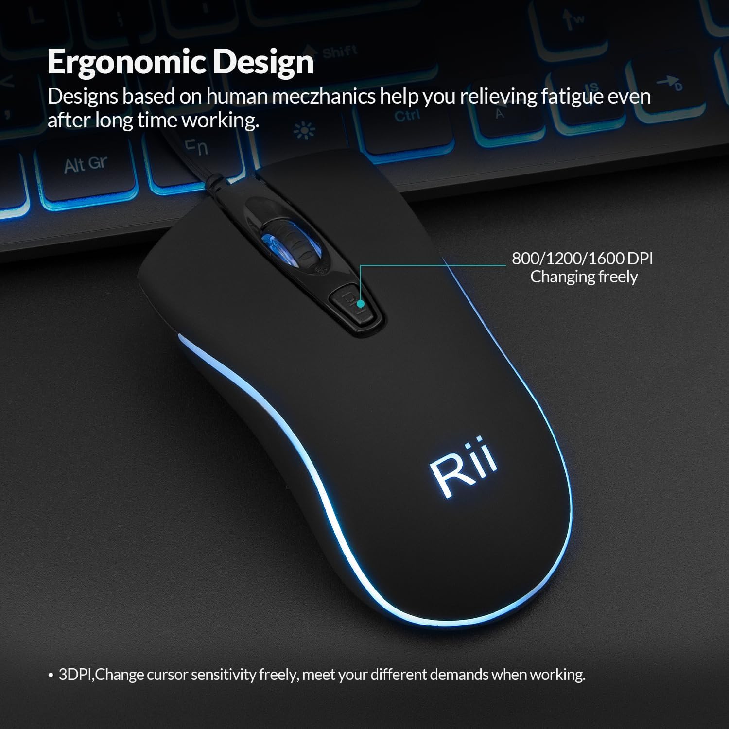Detalle de Rii RK105 wired keyboard and mouse bundle with three-colour backlight (UK layout)