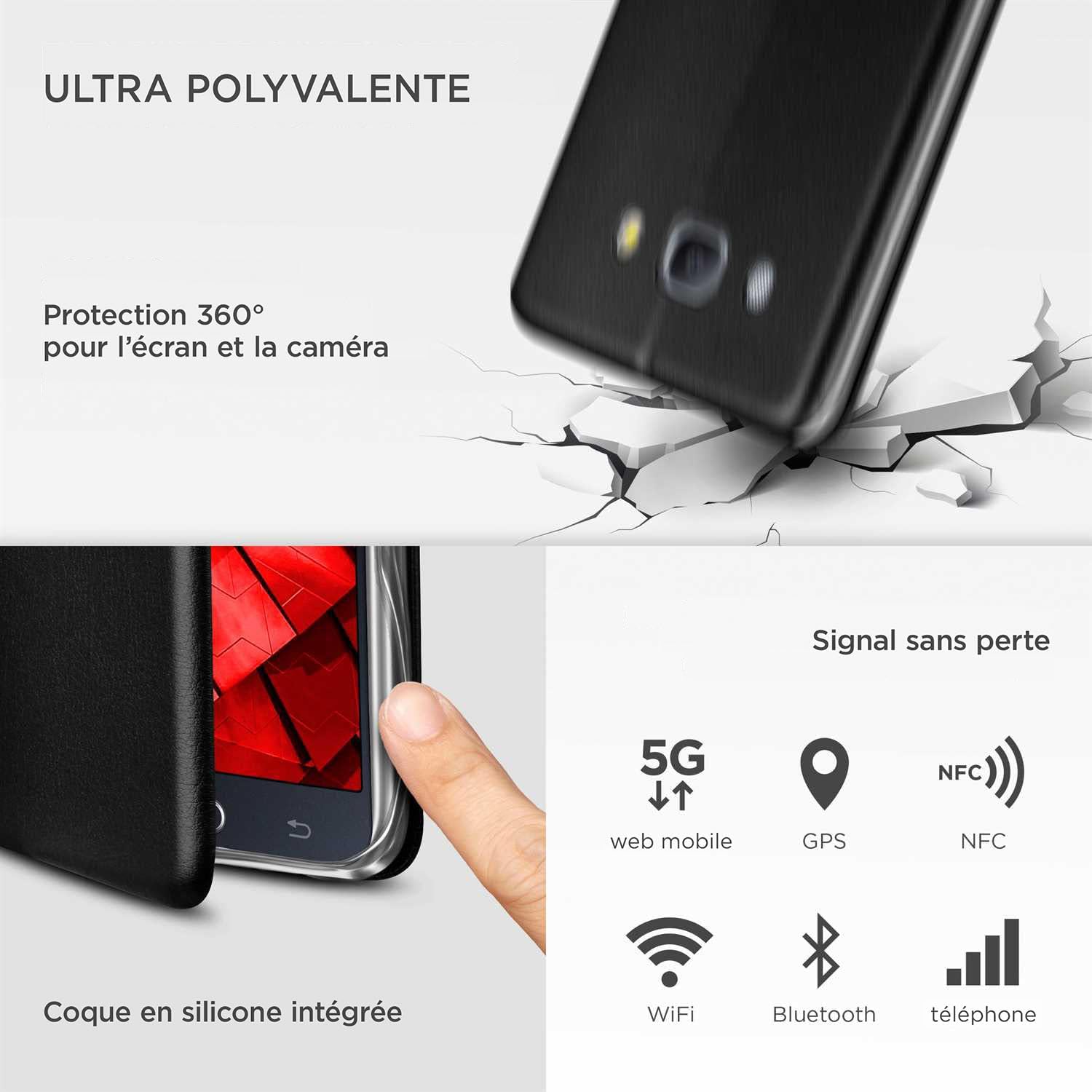 Detalle de OneFlow Étui de téléphone pour Samsung Galaxy J5 (2016) – étui à rabat en cuir avec fente pour carte et bumper silicone, noir