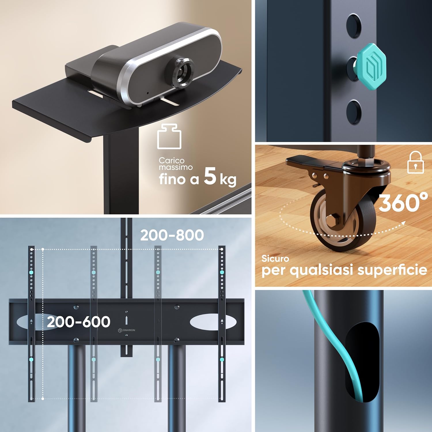 Thumbnail 4 de ONKRON TS1871-B Carrello TV da pavimento con ruote per schermi 55"-90" e VESA 200x200-800x600 (nero)