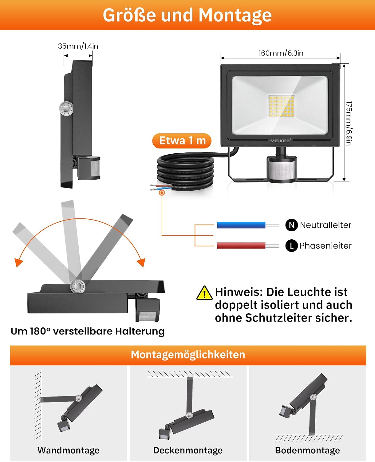 Detalle de MEIKEE FLB035 reflektor LED 35 W z czujnikiem ruchu, 3000 lm, IP66