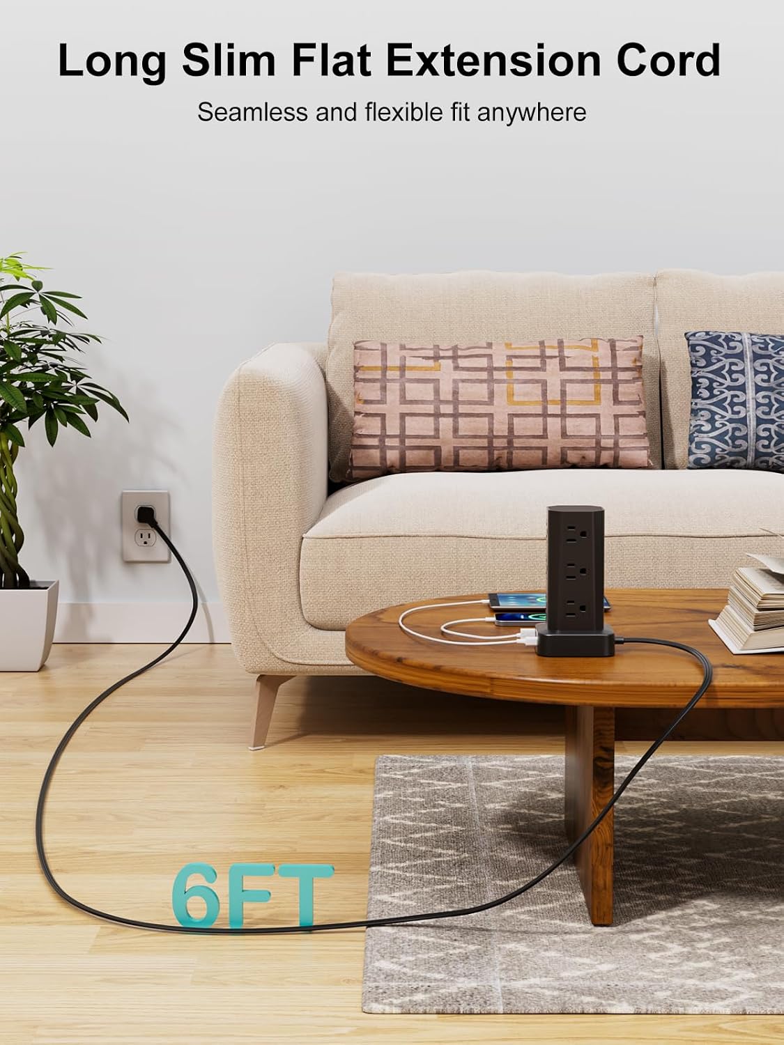 Detalle de Power Strip Tower Surge Protector: 16-in-1 Desktop Charging Station with 12 AC Outlets and 4 USB Ports (2 USB-C) - 6ft Long