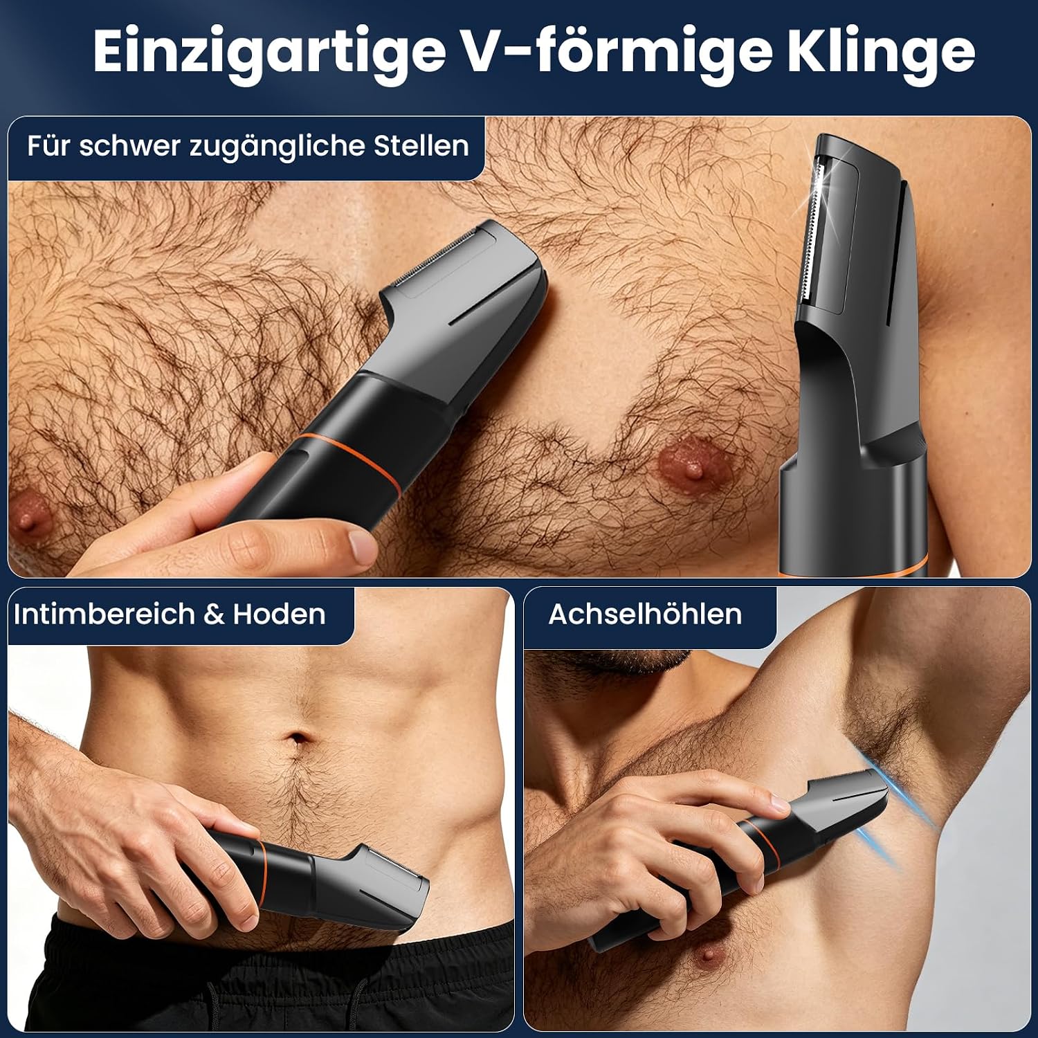 Detalle de MAXGROOM Intimrasierer Mann – 4-in-1 Rasierer für Intimbereich, Brust, Achseln und mehr (IPX6, LED-Anzeige)