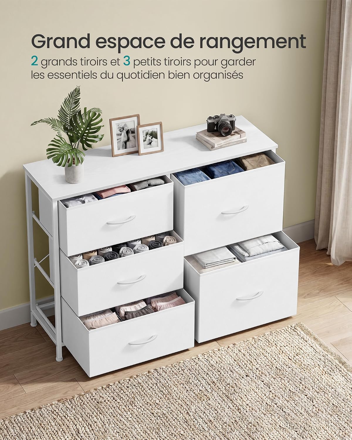Detalle 2 de SONGMICS LGS235W101 commode met 5 stoffen laden en houten bovenblad