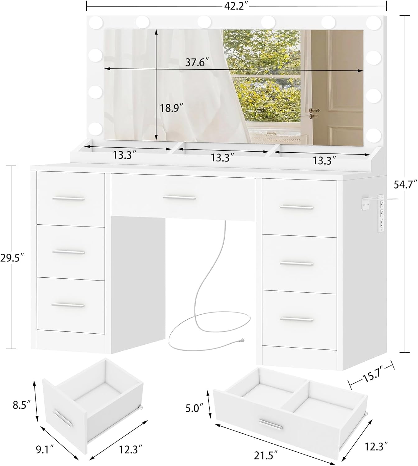 Detalle 2 de FIONESO Vanity Model vanity, 7-Drawer Makeup Desk with 12 LED Lights