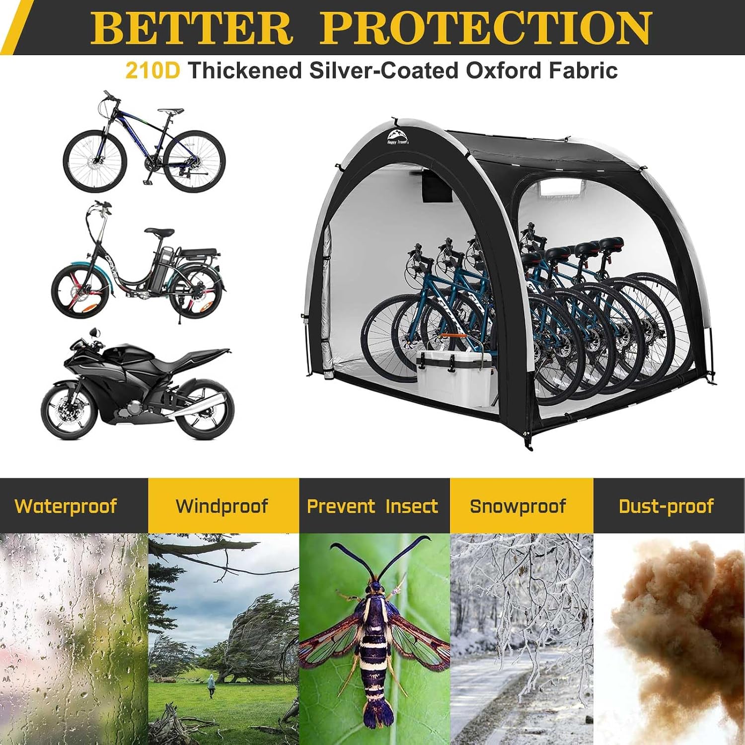 Detalle de HAPPY TRAVEL XXL for 4 or 5 Bikes-Black Bike Storage Tent, 210D Oxford, UPF 50+
