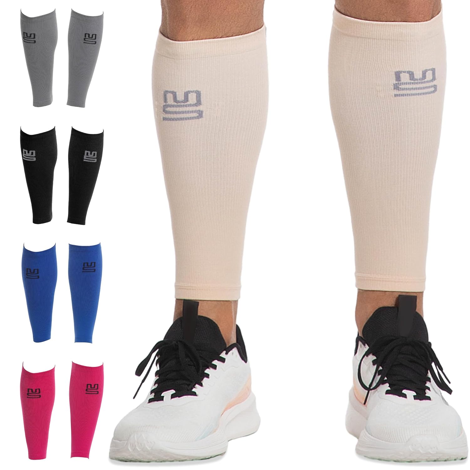 Modetro Sports Calf Compression Sleeves (Beige, SM) – 20-30mmHg for Shin Splints & Recovery