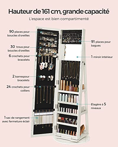 Detalle de SONGMICS Armoire à Bijoux JBC62W : Organisateur 3-en-1 avec Miroir et Pivotement à 360°