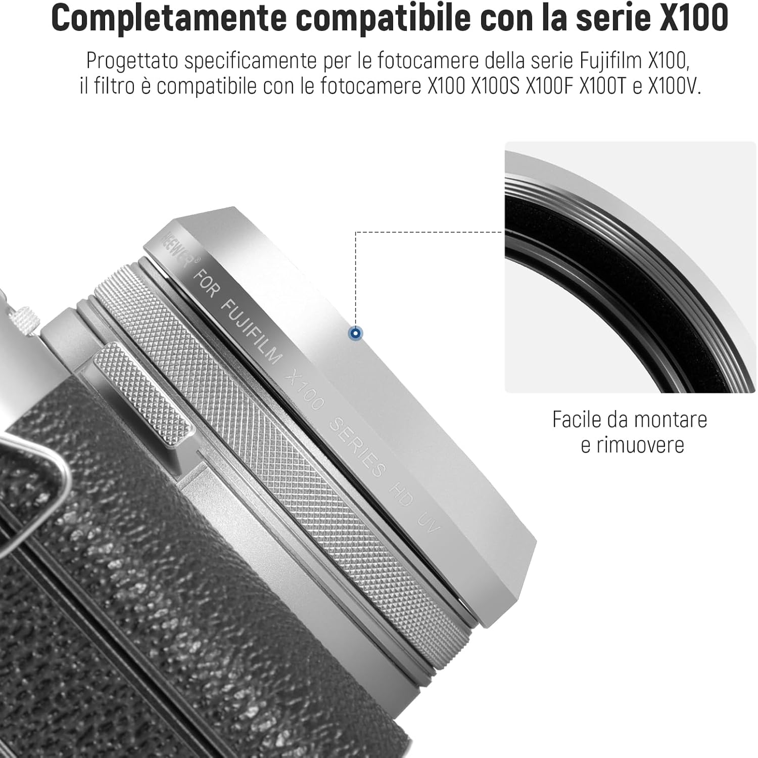 Thumbnail 2 de NEEWER Filtro di protezione UV per fotocamere Fujifilm serie X100 (telaio argento)