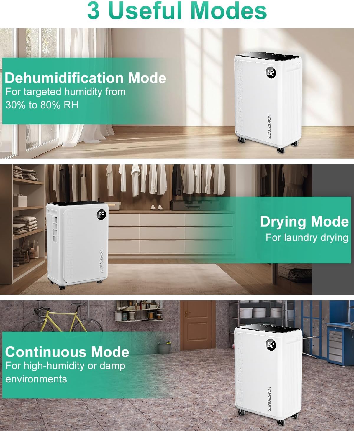 Detalle de Homtronics CAKDM07 30-Pint Dehumidifier with Continuous Drainage and Auto Defrost
