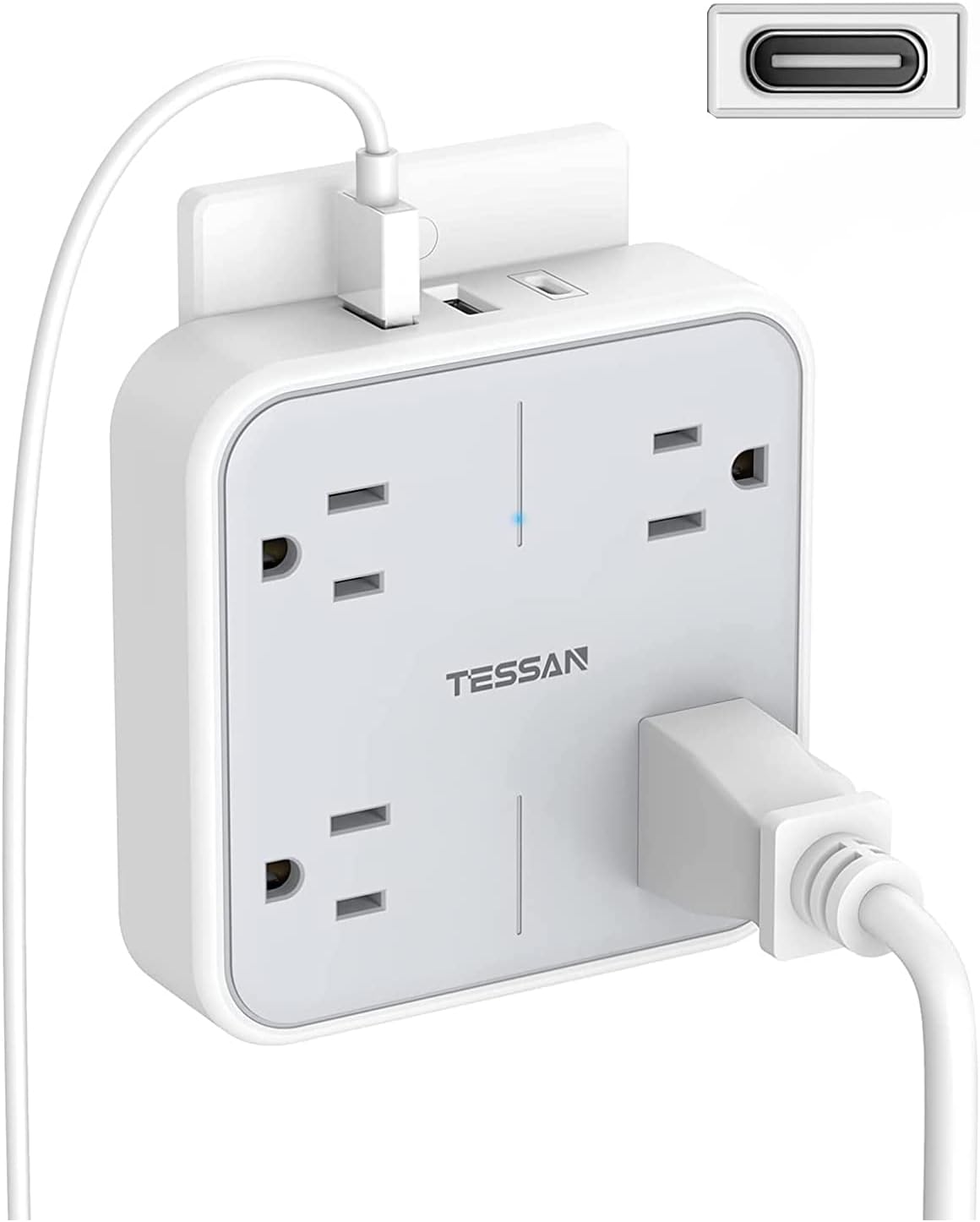 Detalle de TESSAN TS-WM102-C Wall Outlet Extender, 4 AC Outlets, USB-C and USB-A, Surge Protection