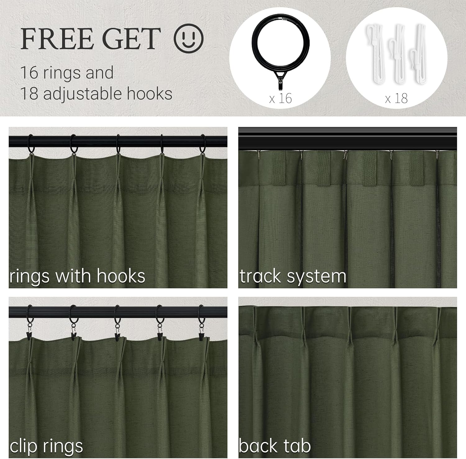 Detalle 2 de Topfinel Pinch Pleated 63-Inch Olive Green Linen Curtains (2 Panels) for Track System