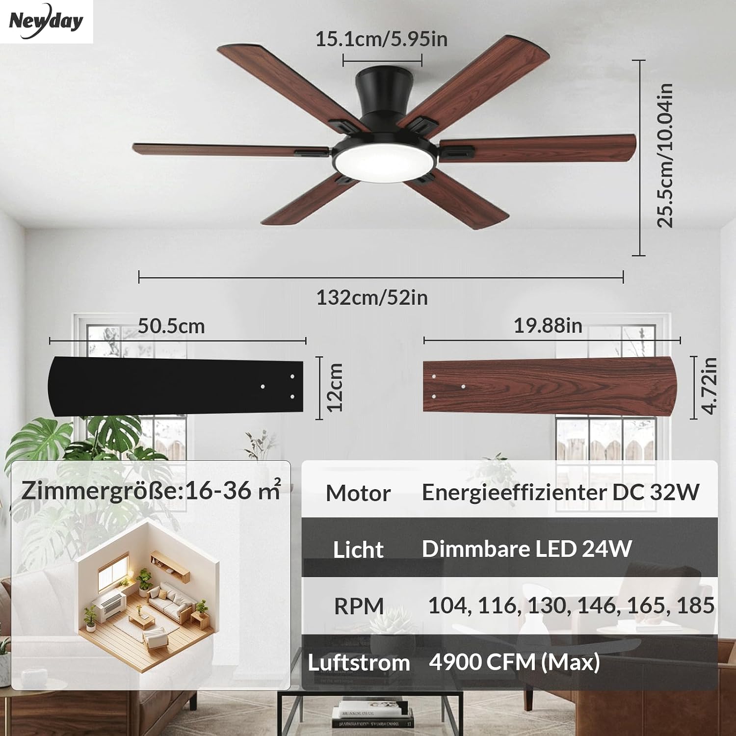 Thumbnail 5 de Newday Deckenventilator Flach Holz 132 cm – leise DC-Motor, dimmbares LED-Licht, 6 Flügel, Fernbedienung