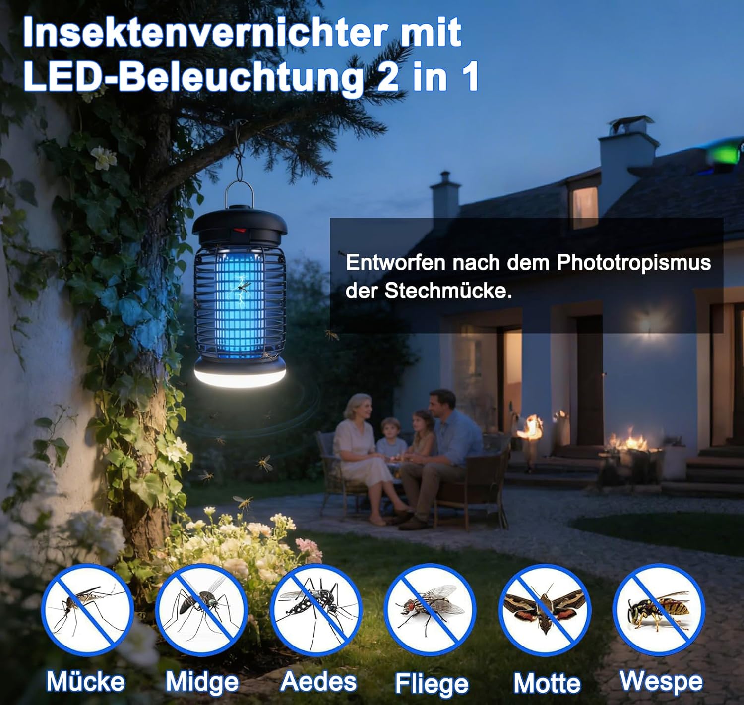 Thumbnail 2 de WUEAOA elektrischer Insektenvernichter mit UV-LED, 3-m-Kabel und 4200V-Gitter – für Innen & Außen (IPX4)