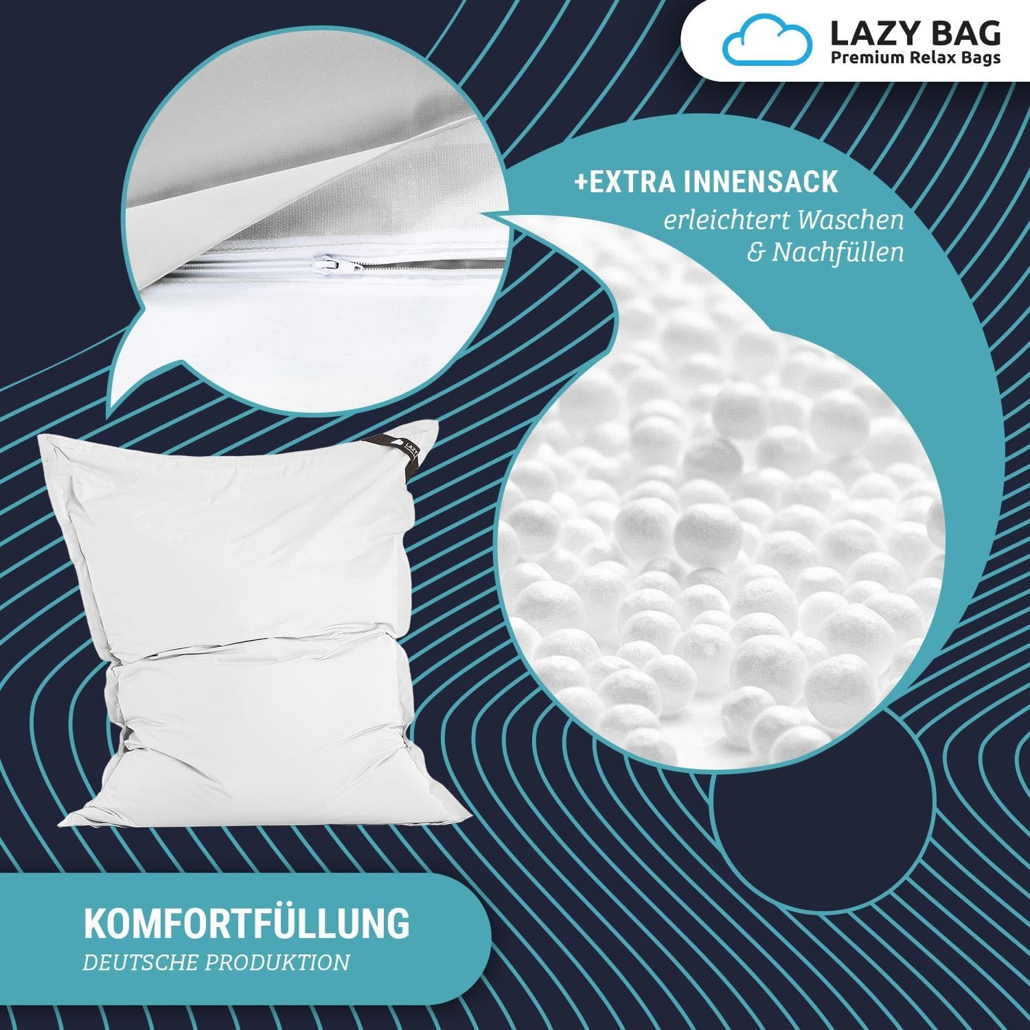 Thumbnail 4 de LAZY BAG Pouf géant classique XXL 140 x 180 cm – coussin d'assise 2 en 1 pour intérieur et extérieur