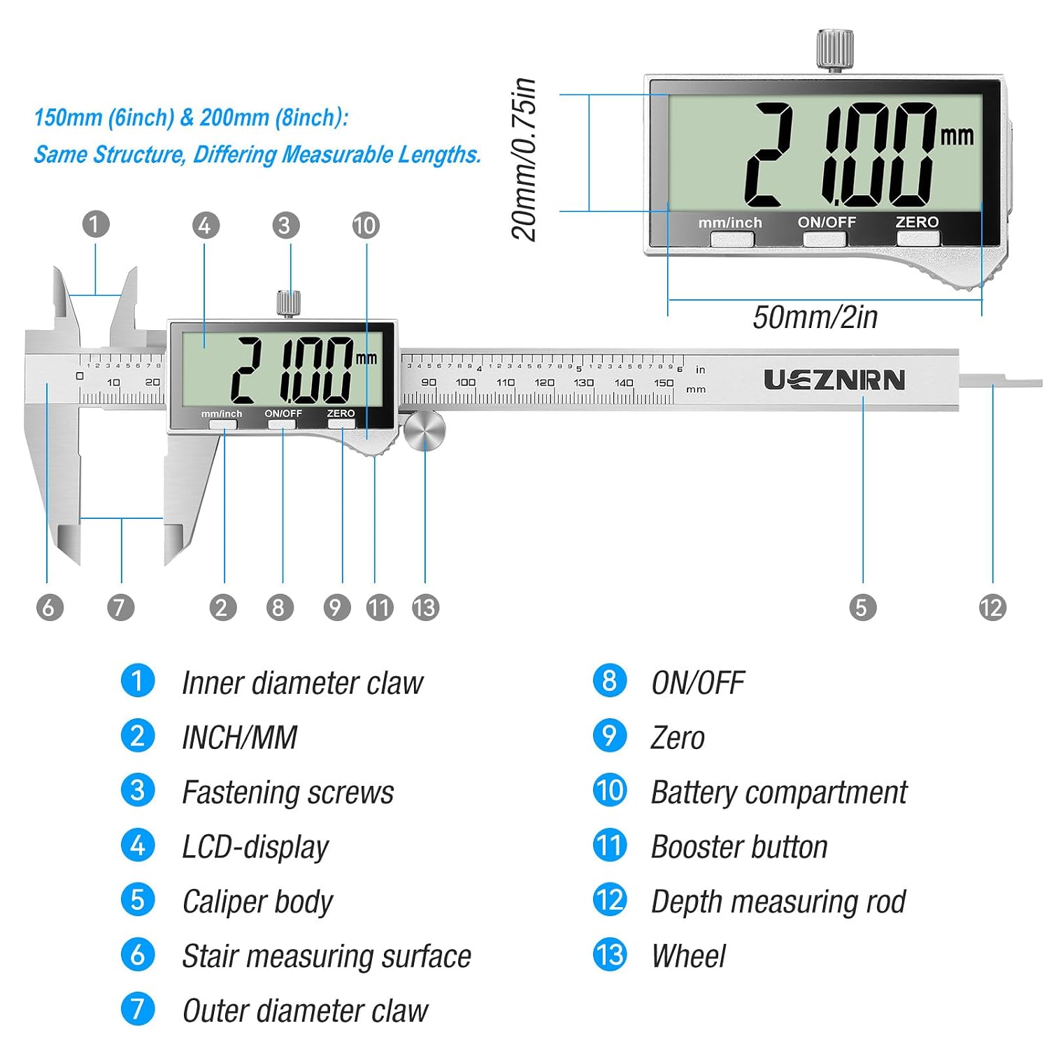 Thumbnail 4 de Ueznirn Vernier Calipers 200mm/8in Stainless Steel Digital Caliper
