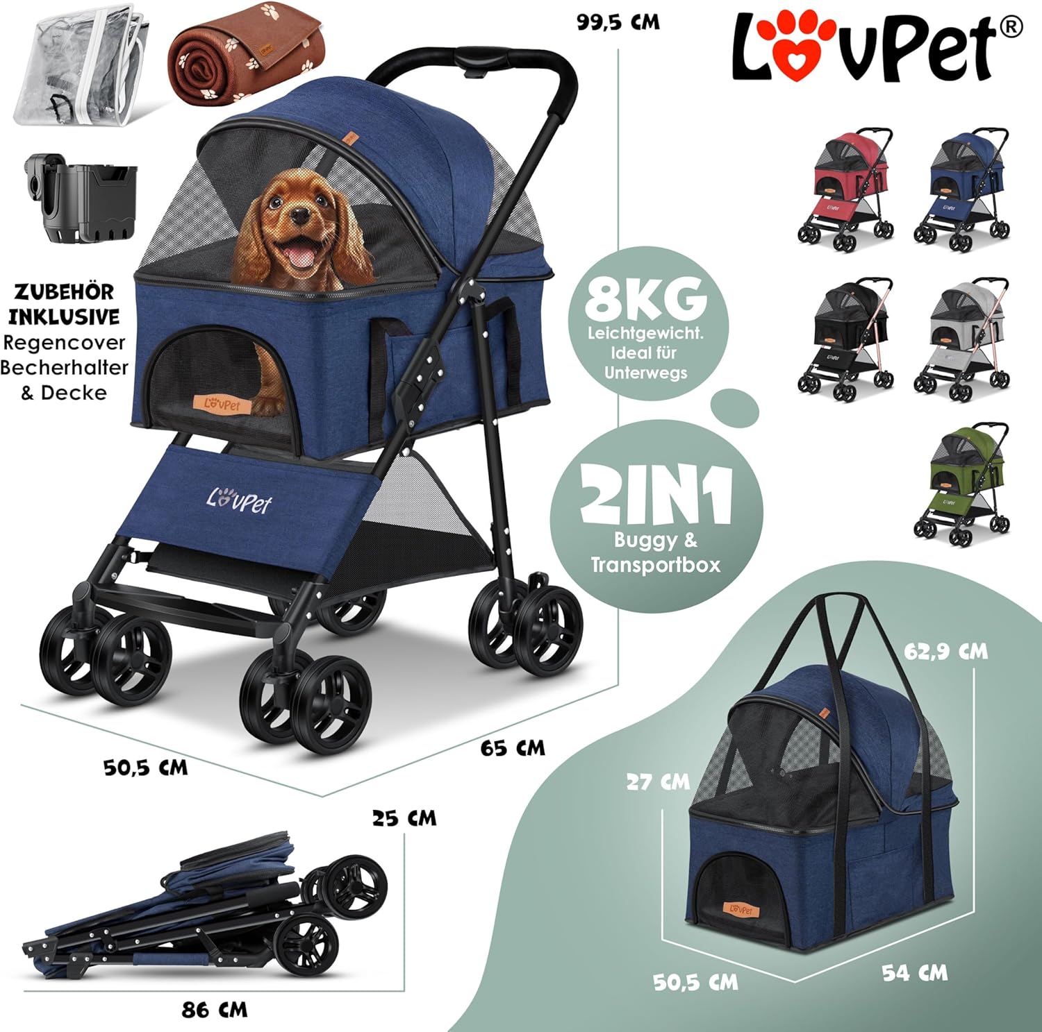 Detalle 2 de LOVPET Hundewagen 2in1: Robuster Buggy & Transportbox für Hunde bis 20 kg