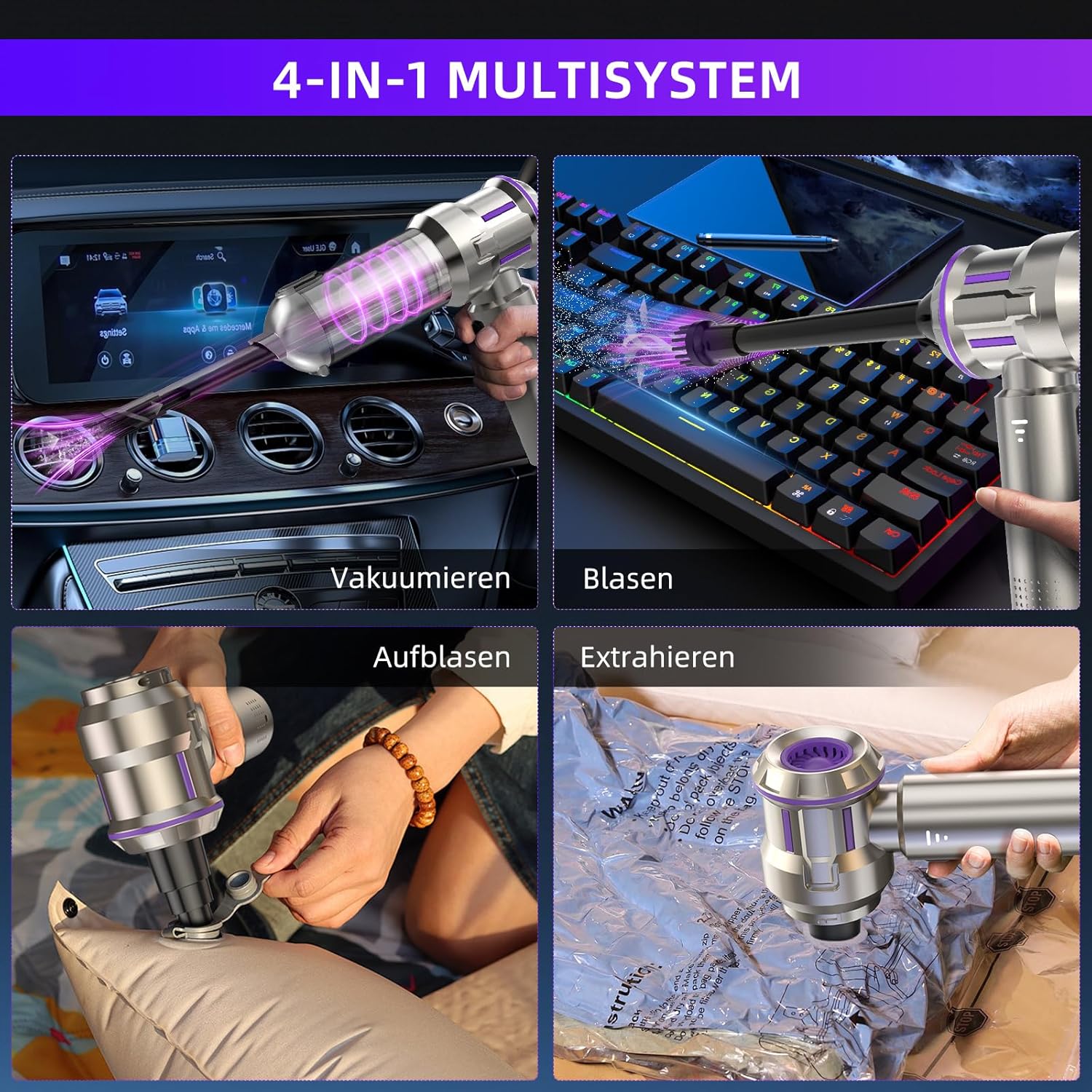 Detalle de Akku-Handstaubsauger 25000 Pa mit 1-Knopf-Selbstentleerung, 4-in-1 Kabellos für Auto, Haushalt & Tierhaare