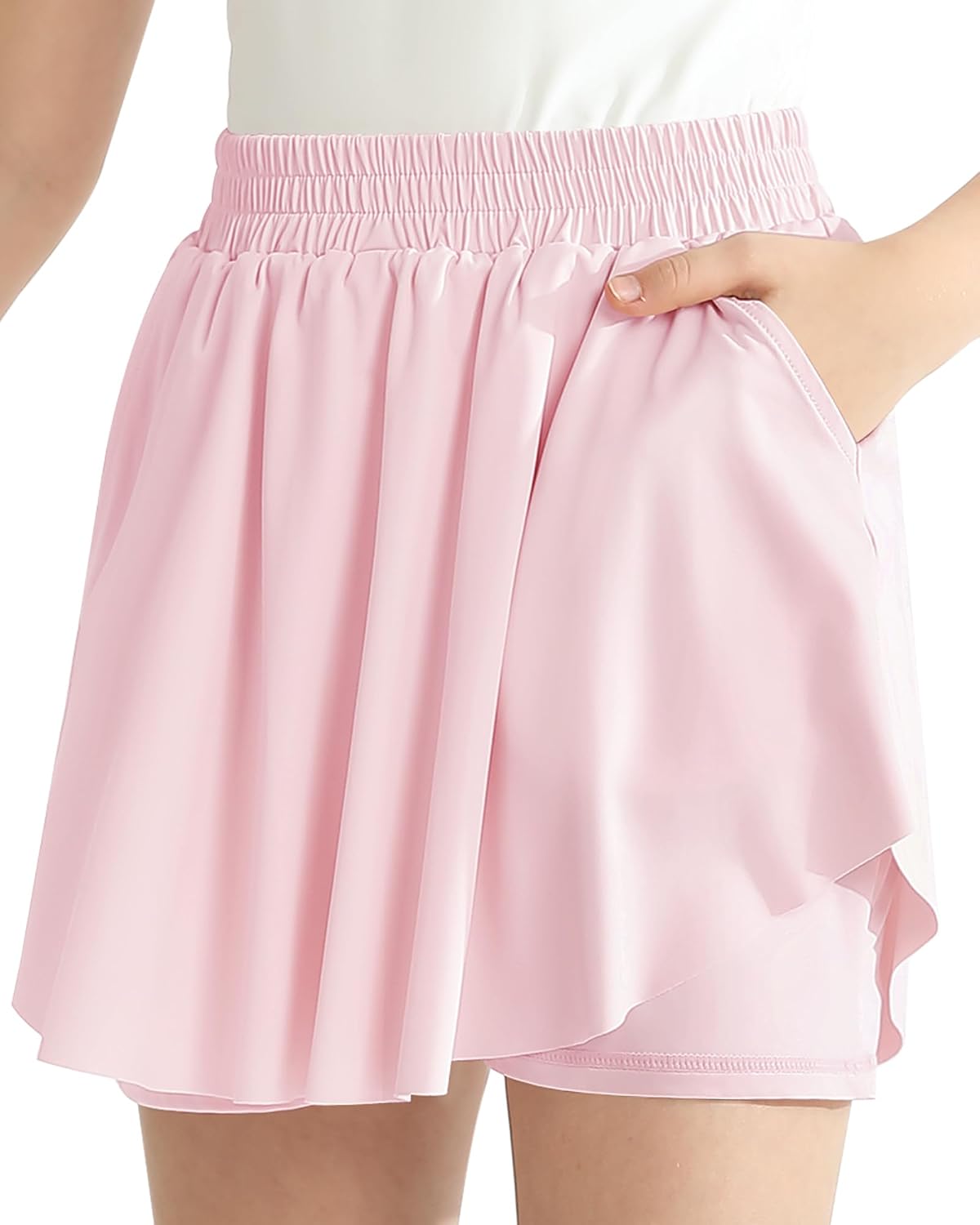 Detalle de Hovershoes Girls Flowy Shorts 2-in-1 Athletic PE Skorts (5-13 Years) – High-Wailed, Pockets, 87% Nylon / 13% Spandex