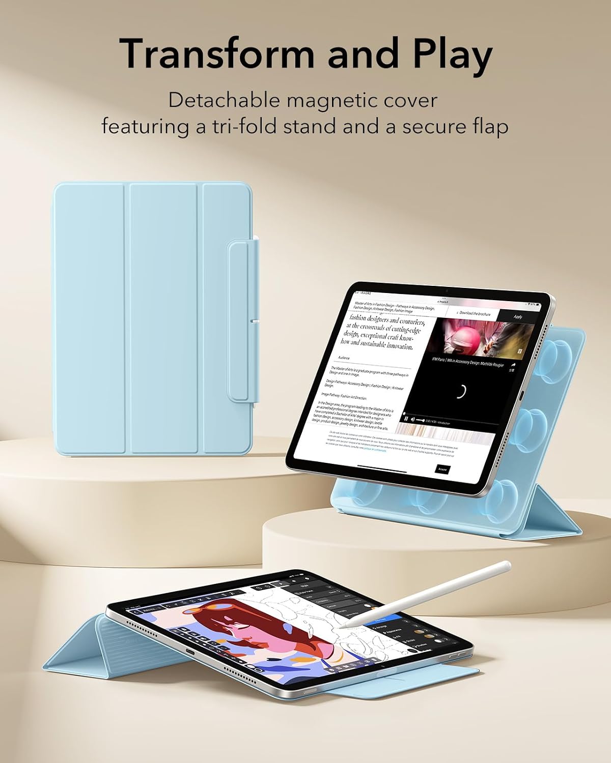 Detalle de ESR Hülle für iPad Air 11 Zoll (M4/M3/M2) – Starke Magnetbefestigung, Trifold-Ständer, helles Blau