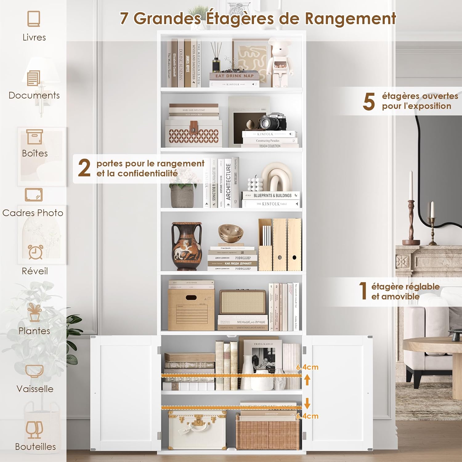 Thumbnail 3 de FirFurd Bibliothèque 209 cm blanche avec 2 portes et 8 étagères réglables