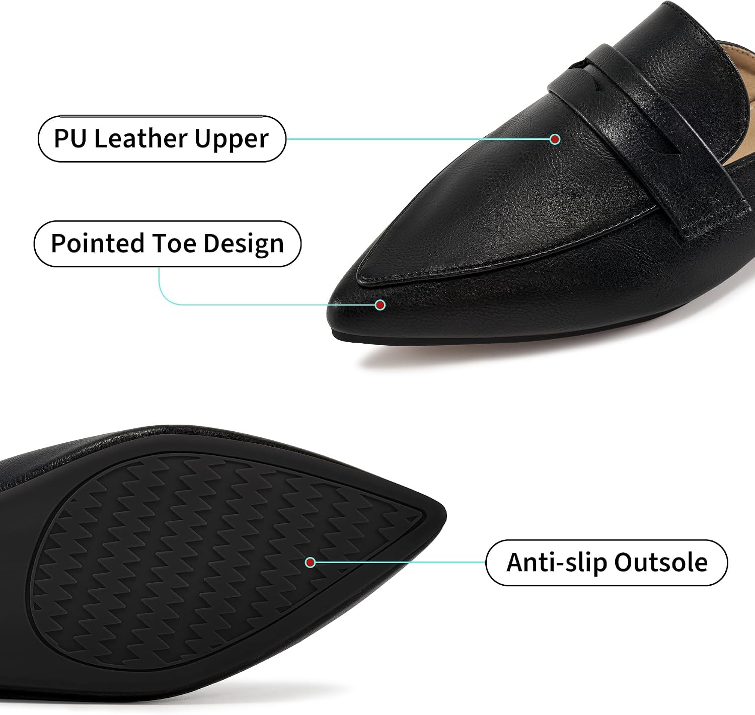 Detalle 2 de Judxsious Women's Pointed-Toe Flat Mule Loafers, Backless Slip-On Dress Shoes
