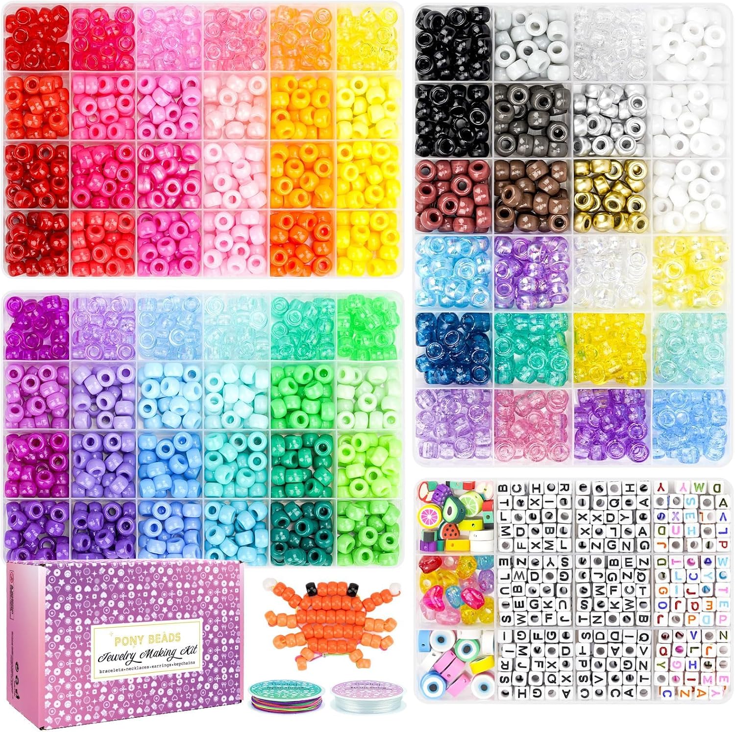 Detalle de Sistenia Pony Beads Kit, 6 x 9mm Acrylic Beads, 72 Colors and Letter Beads