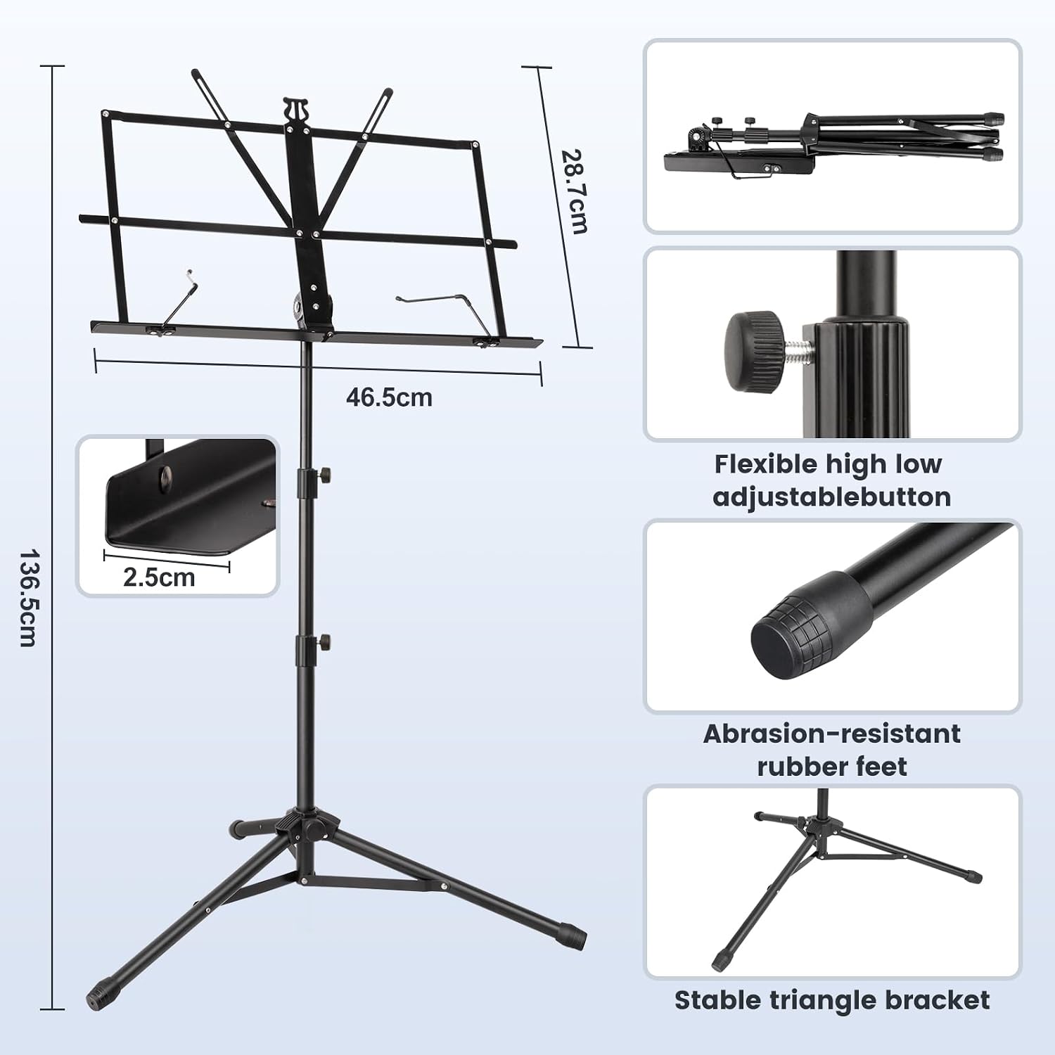 Detalle de New Bee Notenständer Klappbar Stabil 2 in 1 – höhenverstellbar, 180° neigbar, Tragetasche