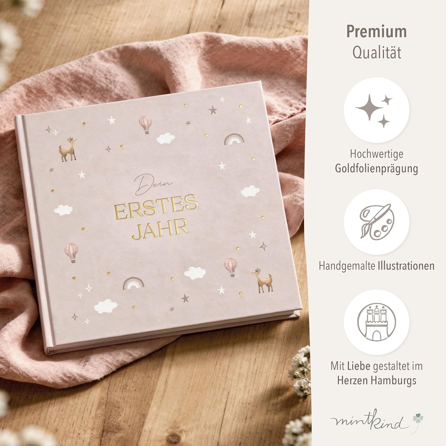 Thumbnail 5 de mintkind® „Mein erstes Jahr“ Babyalbum Pattern Rosa – sanftes Babytagebuch mit 176 Seiten & Sticker-Set im Hardcover