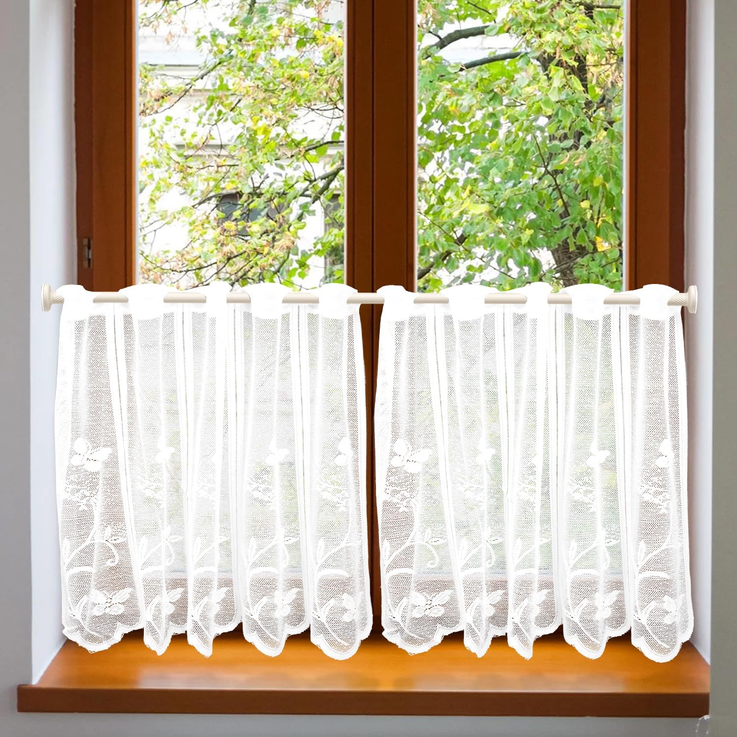 Detalle de ZOLGINAH ZA-Curtain100 korte vitrage 75 x 60 cm met vlinder- en bloemenjacquard