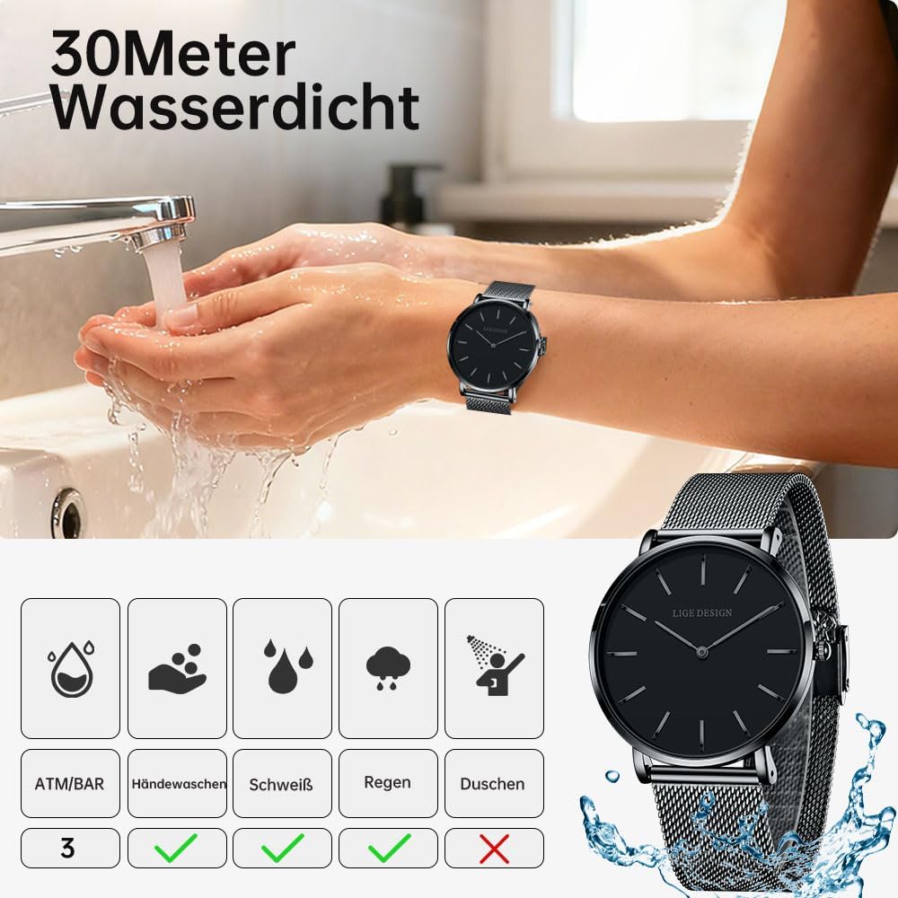 Thumbnail 3 de LIGE Damen-Armbanduhr Analog Quarz Ultra-Flach (41 mm) mit Edelstahl-Meshband