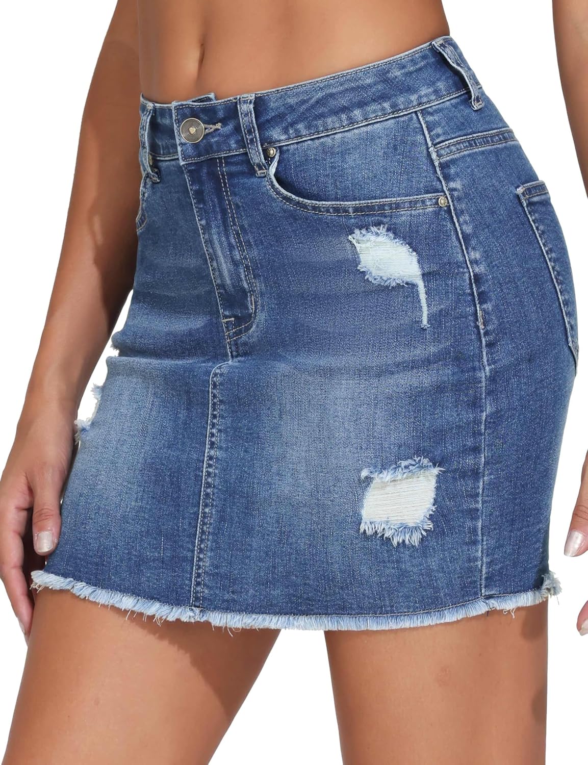 Thumbnail 6 de THE GYM PEOPLE Women's Ripped Denim Mini Skirt, Stretch Denim, Raw Hem