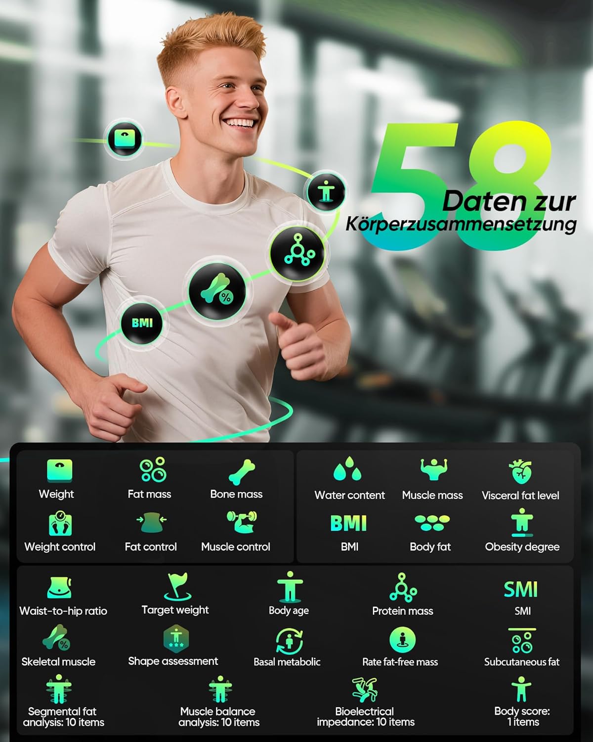 Thumbnail 1 de Letron Körperfettwaage Personenwaage digital mit 8-Elektroden und Bluetooth-App (58 Messwerte, 24 Nutzer)