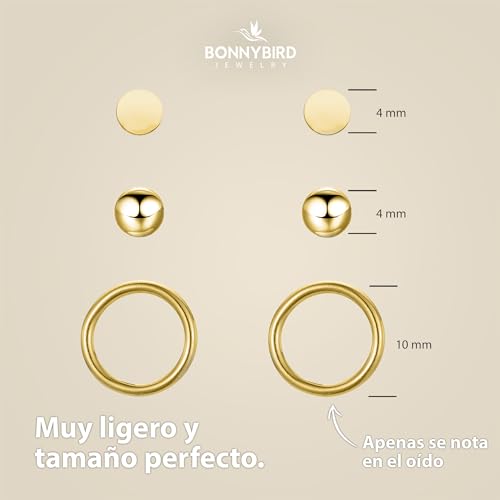 Thumbnail 5 de BONNYBIRD BonnyClassic: set de pendientes dorados pequeños para mujer (3 pares) de acero inoxidable 316L hipoalergénicos