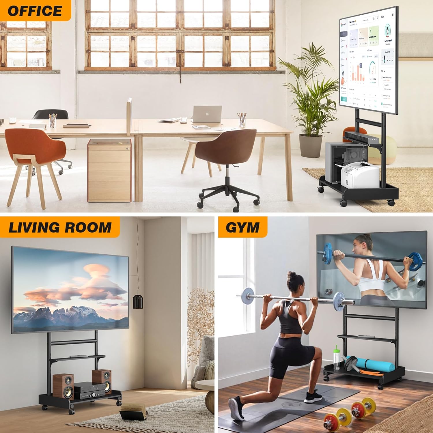 Thumbnail 1 de TVON support TV sur pied à roulettes pour écrans 40 à 86 pouces, hauteur réglable et socle en bois (VESA jusqu’à 600x400)