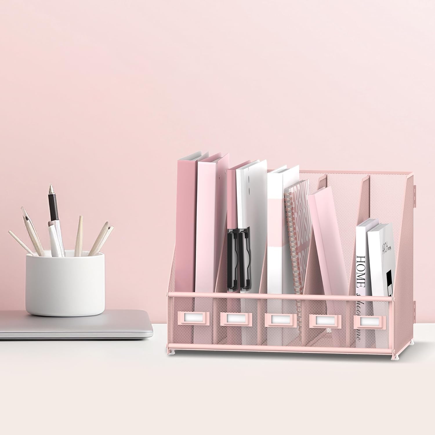 Thumbnail 1 de SUPTIDY Organiseur de bureau en métal avec 5 compartiments verticaux – rose