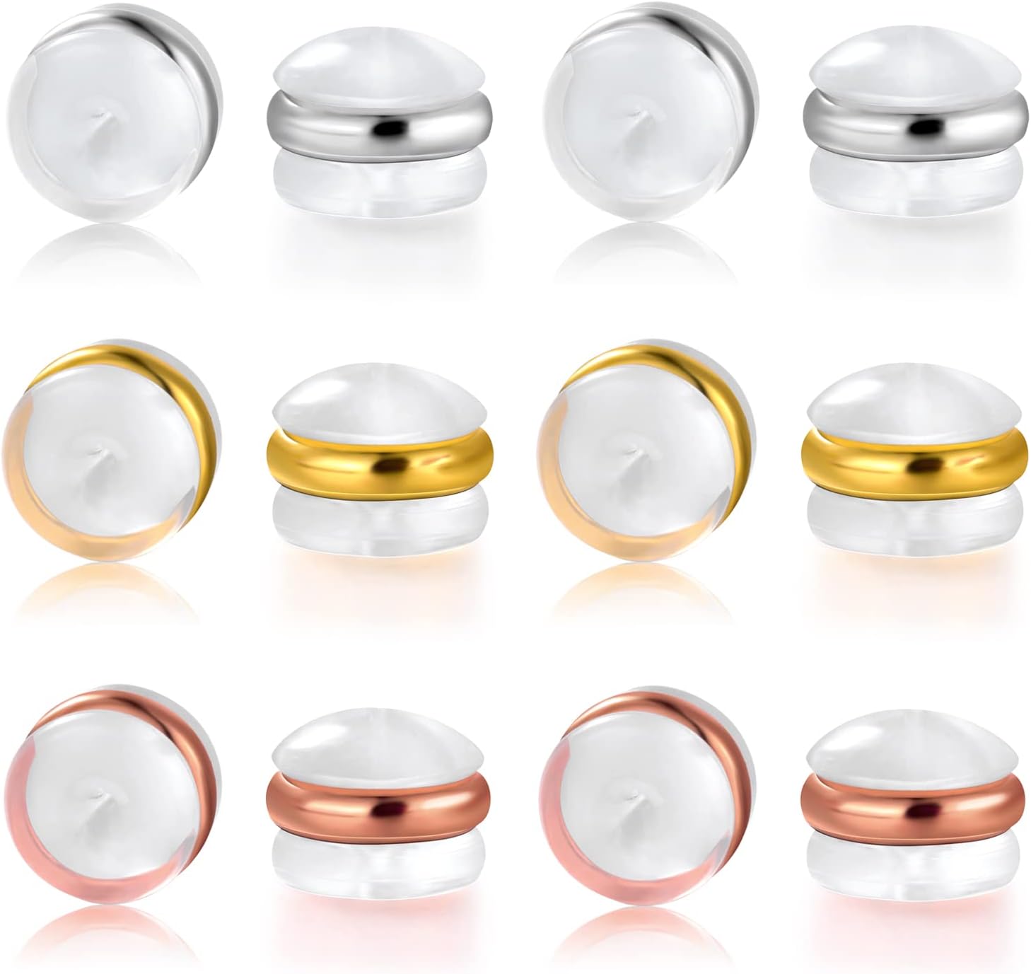 Detalle de VOLUKA EB-2201 Rubber Earring Backs, 6 Pairs in Three Plated Colors