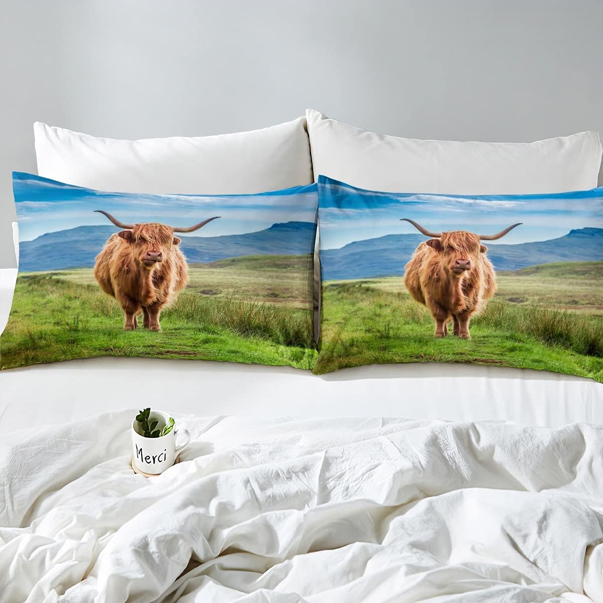 Thumbnail 2 de Homewish Hochlandkuh Trösterbezug Longhorn – Bettbezug 135x200 und Kissen 80x80, Grünland Rustic, 100% Mikrofasern
