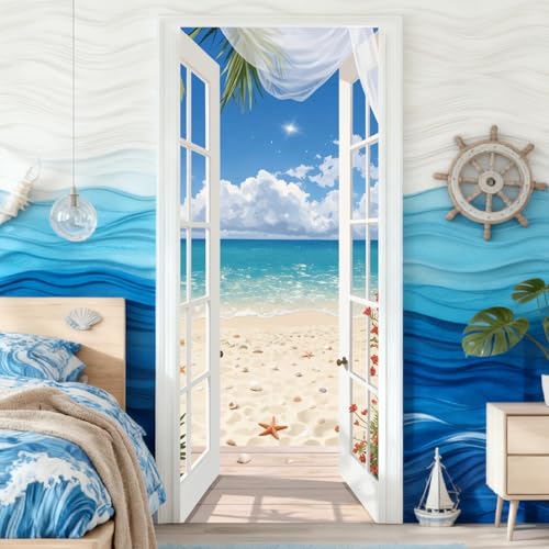 Detalle de PRESSINART Pegatinas de Puerta 3D: Murales Playa que Transforman Espacios