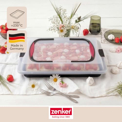 Detalle de Zenker Blechkuchen-Container to go – Backblech mit Transport-Abdeckung, antihaftbeschichtet, 42×29×7,5 cm