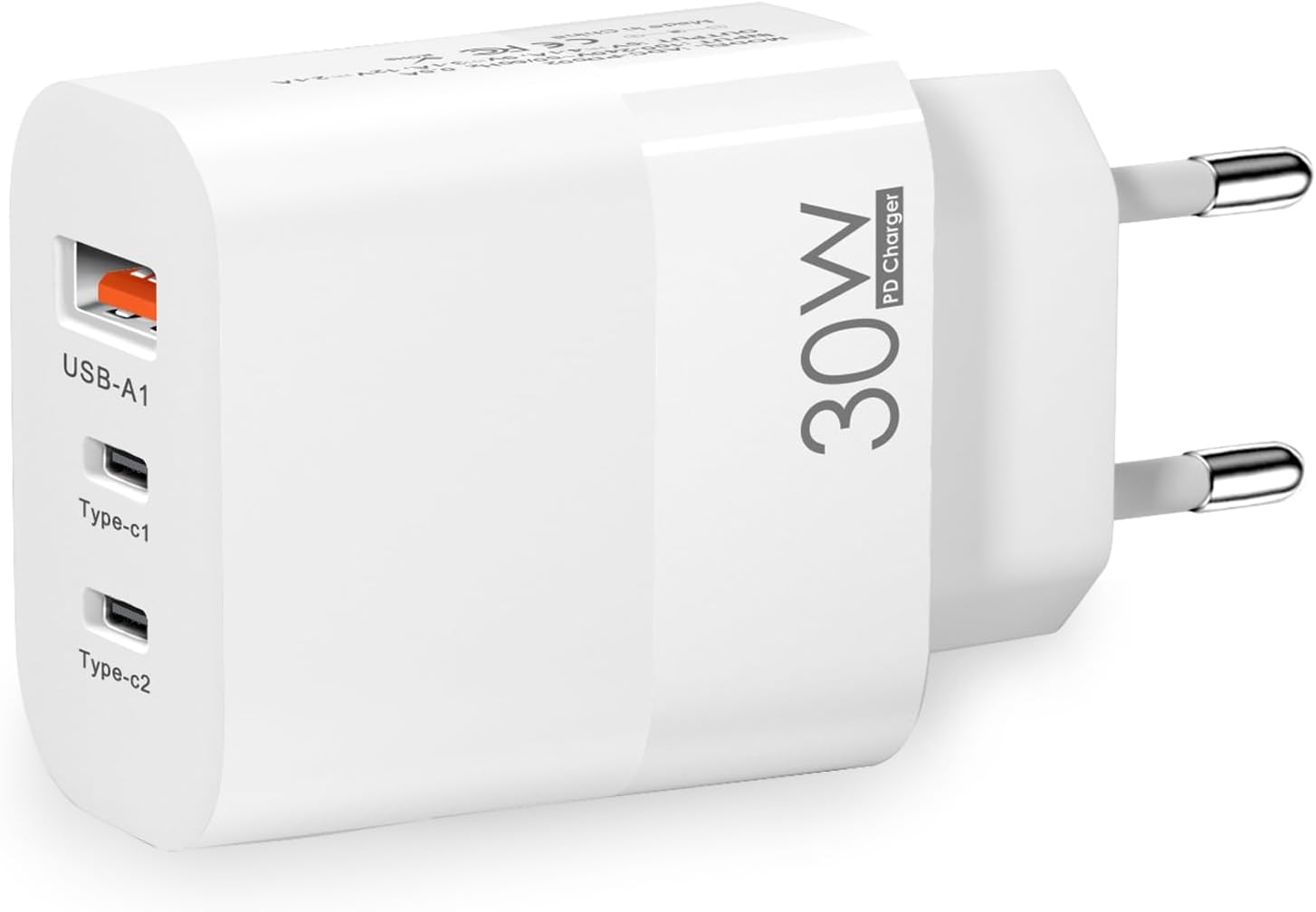 Detalle de EU Plug Travel Adapter Charger with 2 USB-C and 1 USB-A — 30W PD Fast Charging