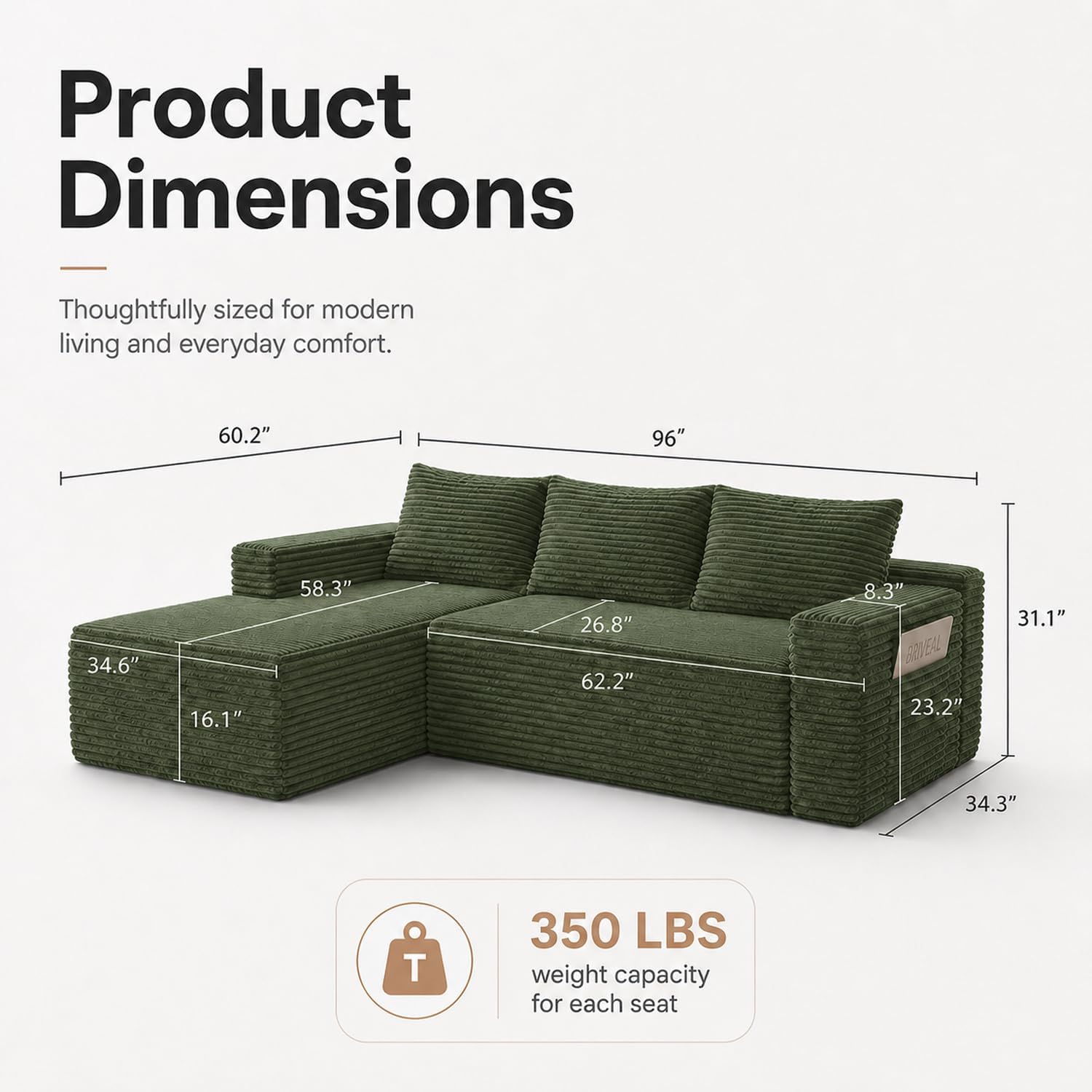Detalle 2 de Yomsum SF658Green-R 96-Inch Modular Sectional Sofa, Green Corduroy, Right-Facing Chaise