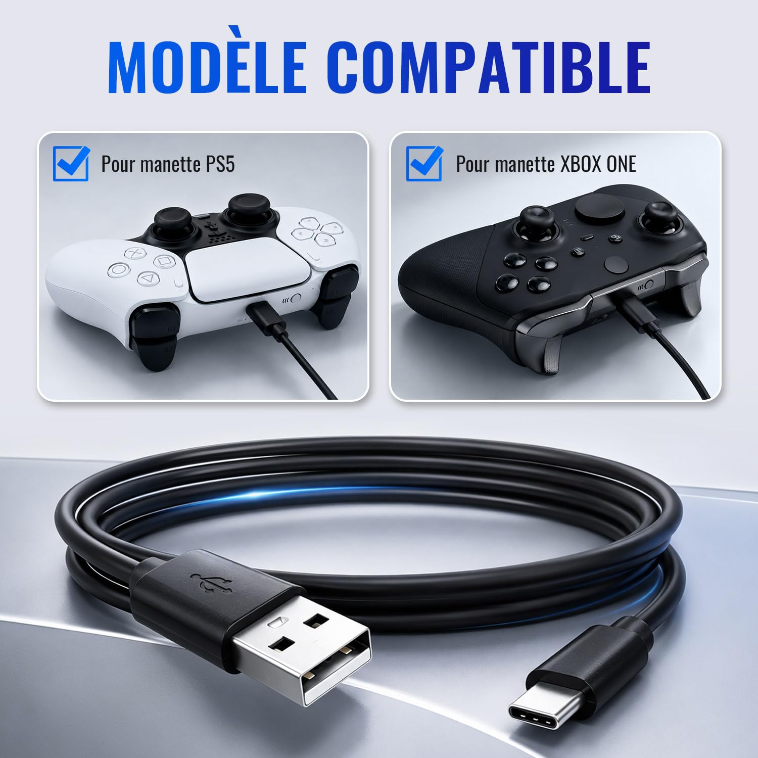 Detalle 2 de Tolesum Câble USB-C 3m (USB-A vers USB-C) pour manettes PS5, Xbox Series X/S et Switch Pro