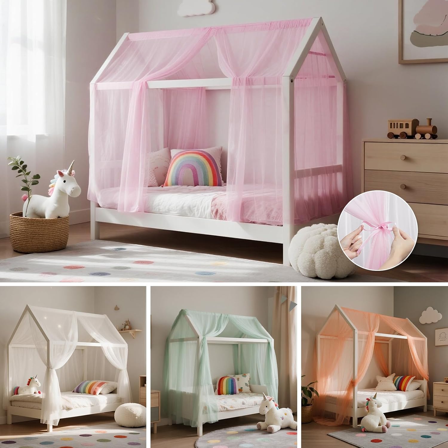 Detalle de Zdada Hausbett Himmel Set (2 Stück) – Betthimmel für Hausbett Deko, 150 x 350 cm, Rosa
