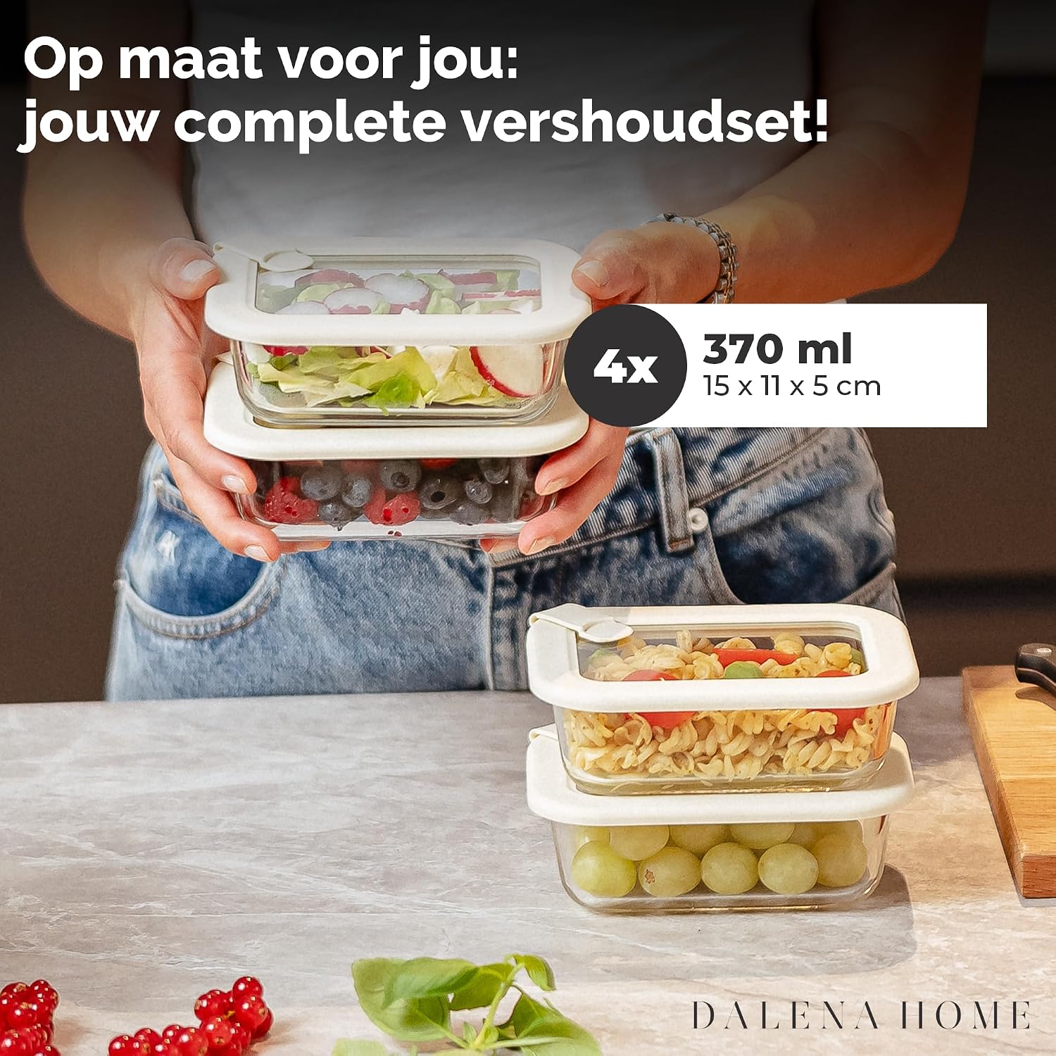 Detalle 2 de Dalena Home glazen vershoudbakjes 4 x 370 ml met glazen deksel