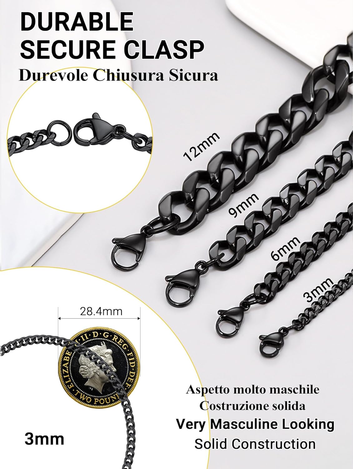 Thumbnail 2 de PROSTEEL Bracciale da uomo a catena cubana in acciaio con placcatura 18K, larghezze 3–12 mm (confezione regalo)