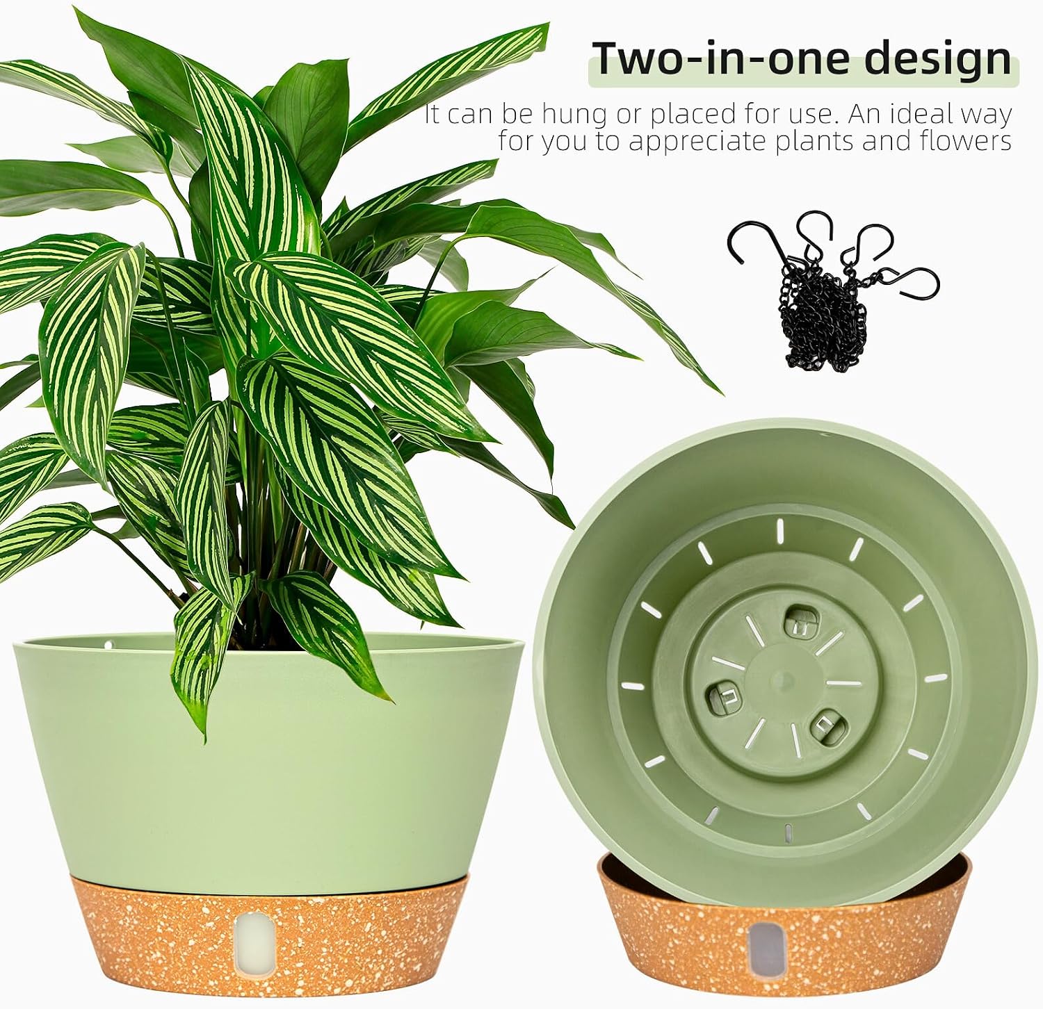 Detalle de QCQHDU 2 Pack Hanging Planters Set – 20 cm Indoor/Outdoor with Drainage and 3 Hooks