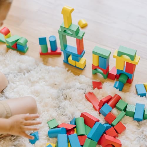 Detalle de Melissa & Doug Wooden Building Blocks, 100-Piece Set with 4 Colors and 9 Shapes