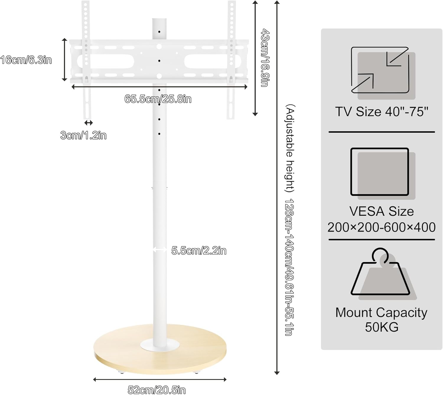 Detalle 2 de unho TV Standfuss Höhenverstellbar – Stabiler Mobilständer für 40–75 Zoll, VESA 600x400, max. 50 kg, Weiß